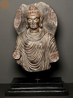 26" Gautama Buddha | Black Stone Statue on Wooden Base