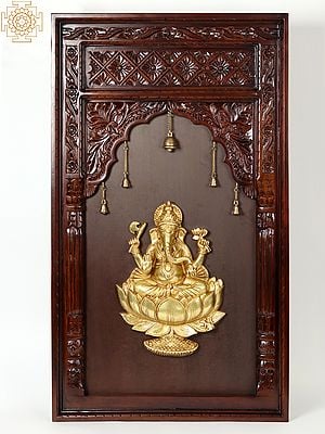 47" Lord Ganesha Seated On Lotus in Brass | Wooden Wall Hanging Frame