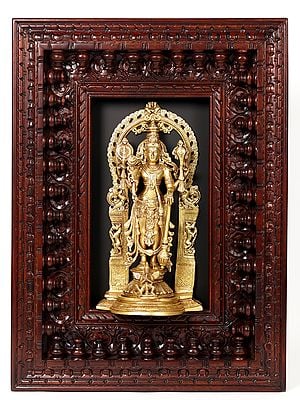 27" Four Armed Standing Vishnu In Brass | Wooden Wall Hanging Frame