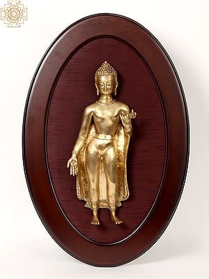31" Standing Gautam Buddha in Brass | Wooden Wall Hanging Frame