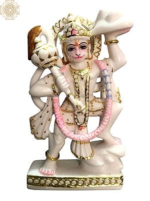 Lord Hanuman Holding Sanjeevani Mount In White Marble