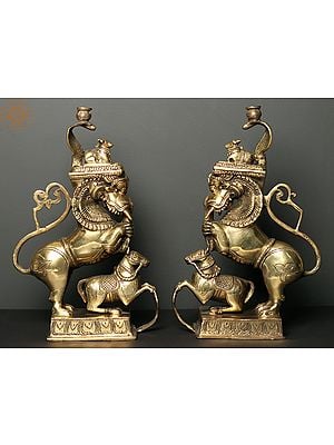 15" Pair of Nandi on Yali Stand | Brass Statue