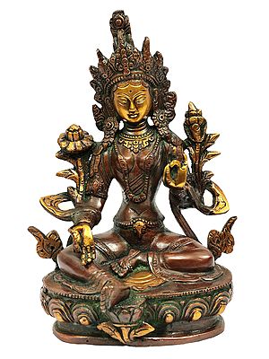8" Tibetan Buddhist Savior Goddess Green Tara In Brass | Handmade | Made In India