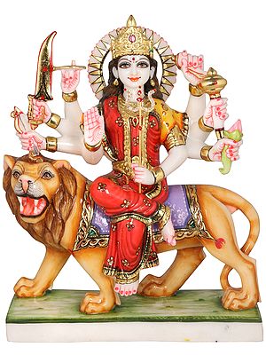 Goddess Durga Seated on Lion Wearing a Red Sari