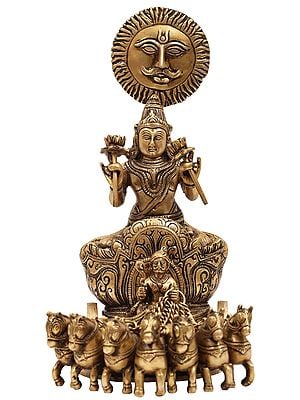 12" Lord Surya Statue on His Seven Horses Chariot in Brass | Handmade | Made in India