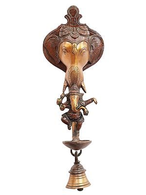 11" Elephant Wall Hanging Lamp and Bell with  Dancing Ganesha In Brass | Handmade | Made In India