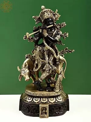 12" Venugopala Brass Statue | Fluting Krishna Idol with His Cow | Made in India
