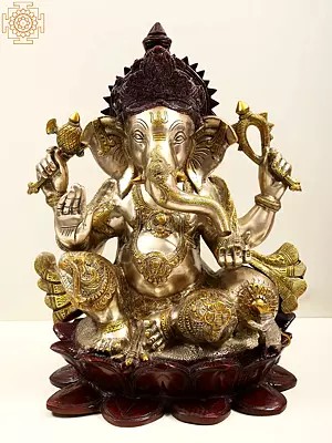 21" Large Size Lord Ganesha Seated in Easy Posture on Lotus In Brass | Handmade | Made In India