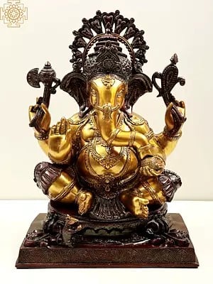 20" Four-Armed Ganesha Statue Enjoying Modak | Handmade Brass Idol | Made in India