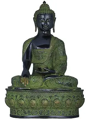 21" Lord Buddha in Bhumisparsha Mudra (Robes Decorated with Auspicious Symbols, Dharmachakra, Deers,  Birds and Dragons etc.) In Brass | Handmade | Made In India
