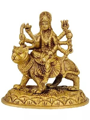 Small Brass Goddess Durga Seated on Lion