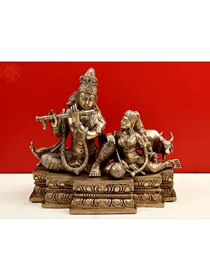 15" Fluting Krishna With Radha Ji and Cow In Brass | Handmade | Made In India