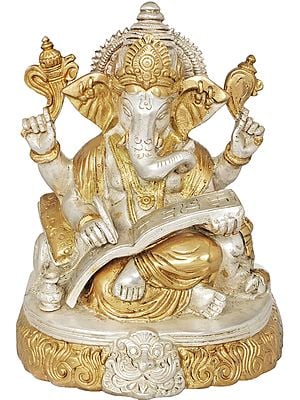 7" Lord Ganesha Idol Writing Mahabharata in Brass