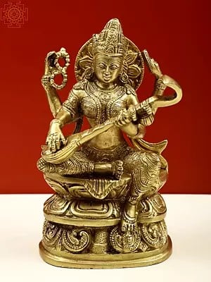 8" Devi Saraswati | Hindu Goddess of Learning and the Arts | Handmade | Brass Statue | Made In India