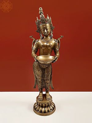 31" Tibetan Buddhist Goddess Tara with Lamp In Brass | Handmade | Made In India