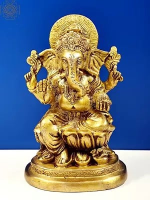 7" Small Lord Ganesha Seated on Lotus in Brass | Handmade | Made In India
