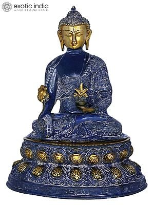 16" Brass Medicine Buddha Idol Seated on Double Lotus | Handmade Buddhist Deity Statue | Made in India