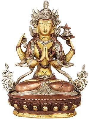 8" Tibetan Buddhist Deity Chenrezig Brass Statue (Shadakshari Lokeshvara) | Handmade | Made in India