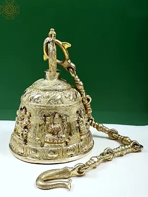 14" Ganesha Lakshmi and Saraswati Temple Hanging Bell in Brass | Handmade