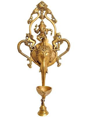 16" Dancing Ganesha Wall Hanging Lamp with Bell and Kirtimukha In Brass | Handmade | Made In India