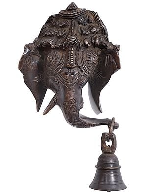 6" Lord Ganesha Wall Hanging Mask with Bell in Brass | Handmade