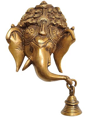 6" Lord Ganesha Wall Hanging Mask with Bell in Brass | Handmade