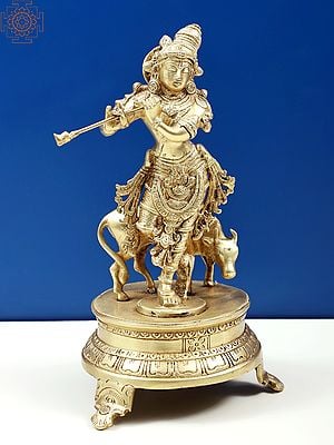 10" Venugopala (Fluting Krishna with His Cow) Brass Statue | Handmade | Made in India