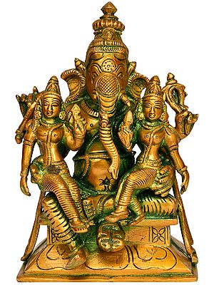 7" Lord Ganesha with Riddhi and Siddhi In Brass | Handmade | Made In India