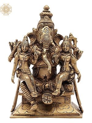 7" Lord Ganesha with Riddhi and Siddhi In Brass | Handmade | Made In India