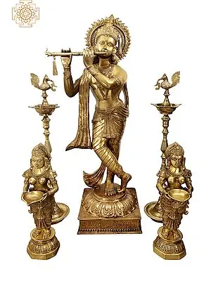 79" Large Size Fluting Krishna with Pairs of Deepalakshmi and Mayur Lamp In Brass | Handmade | Made In India