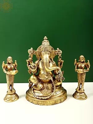 10" Lord Ganesha with Deeplakshmi Pair (Set of Three Statues) in Brass