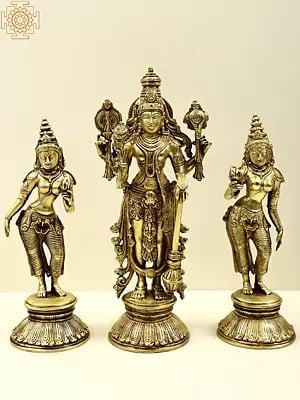 13" Lord Vishnu with Shridevi and Bhudevi | Handmade Brass Statue | Made in India