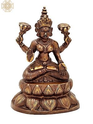 6" Goddess Lakshmi Seated on Lotus In Brass | Handmade | Made In India
