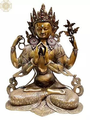 31" Large Size Tibetan Buddhist Deity Chenrezig (Four Armed Avalokiteshvara) In Brass | Handmade | Made In India
