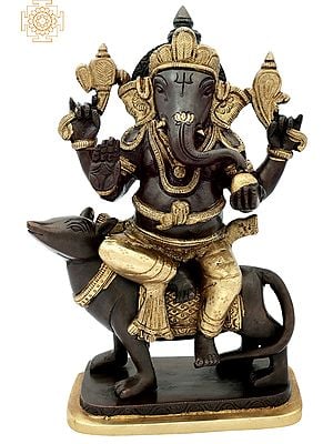 10" Lord Ganesha Seated on Rat In Brass | Handmade | Made In India