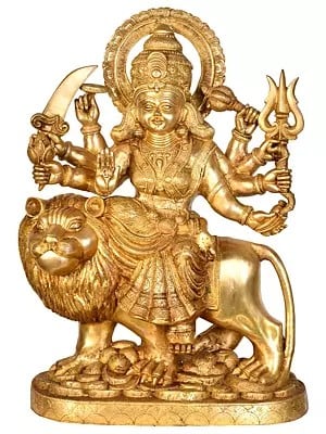 25" Simhavahini Goddess Durga Standing on a Mountain In Brass