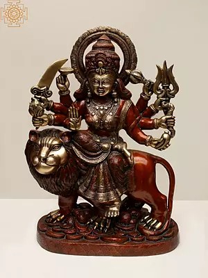 25" Simhavahini Goddess Durga Standing on a Mountain In Brass
