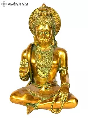11" Brass Seated Hanuman Idol Blessing His Devotees | Handmade | Made in India
