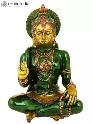 11" Brass Seated Hanuman Idol Blessing His Devotees | Handmade | Made in India