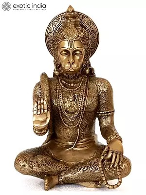 11" Brass Seated Hanuman Idol Blessing His Devotees | Handmade | Made in India