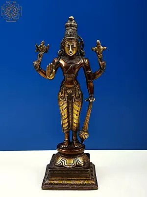 11" Lord Chaturbhuj Vishnu Standing on Pedestal In Brass