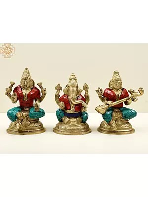 4" Saraswati-Ganesha-Lakshmi, Inlaid Trio In Brass | Handmade | Made In India