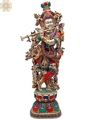 Superfine Large Size Brass Krishna Statue Playing Flute