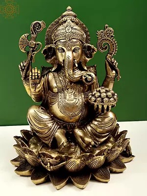 11" Lord Ganesha Seated on Lotus in Brass | Handmade | Made In India