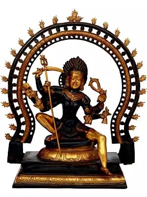26" The Invincible Kali, Seated Under A Flaming Prabhavali In Brass