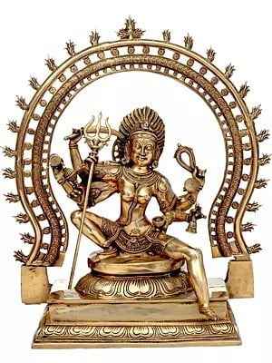 26" The Invincible Kali, Seated Under A Flaming Prabhavali In Brass