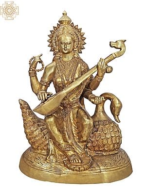 47" Large Size Goddess Saraswati Brass Statue Seated on Swan | Handmade | Made In India