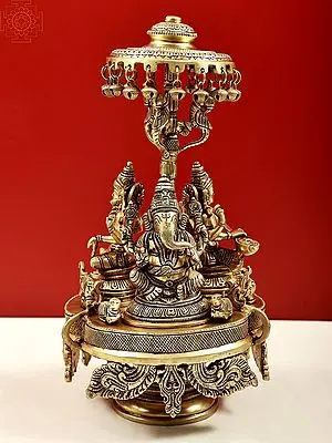14" Lakshmi,Ganesha and Saraswati Seated on Moving Chowki with Parasol In Brass | Handmade