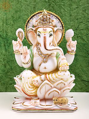 9" White Marble Lord Ganesha Seated on Lotus | Handmade