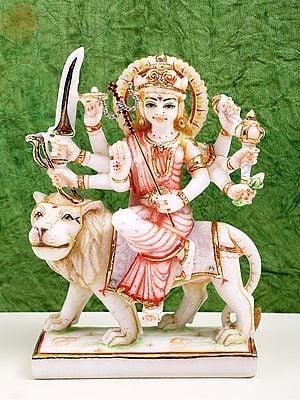 9" White Marble Goddess Durga | Handmade